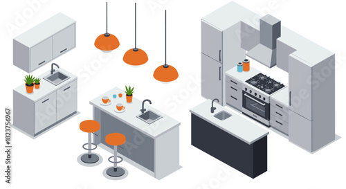 Modern isometric kitchen design with appliances and minimalist decor