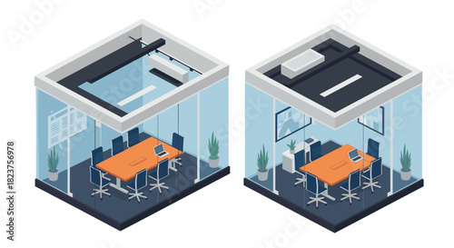 Isometric office meeting rooms with glass walls and modern furniture