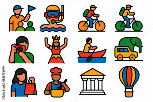 Modern Tourism Icons. Flat vector icons of tourism activities: guided tour, snorkeling, cycling, hiking, photography, cultural