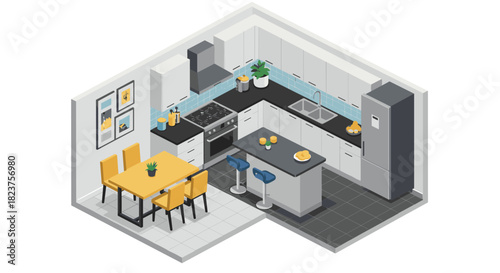 Isometric modern kitchen interior design with dining area and appliances