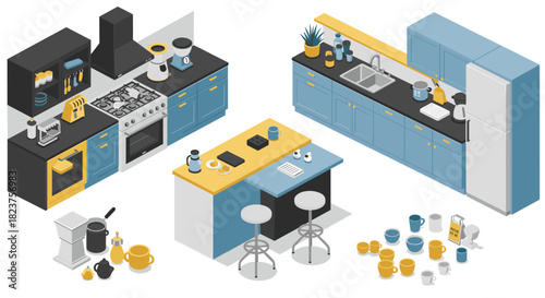 Modern isometric kitchen design with appliances and furniture