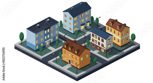Isometric residential neighborhood with colorful buildings and trees