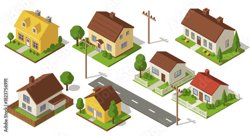 Charming isometric neighborhood with various cozy suburban houses and trees