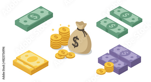 Isometric money icon set with cash, coins, and bag for financial concepts