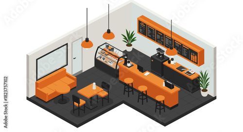 Cozy isometric coffee shop interior with modern furniture and decor