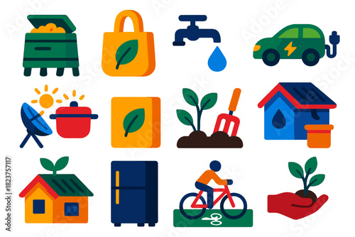 Sustainable Practice Icons. Flat vector icons of sustainable practices: compost bin, reusable bag, water conservation, electric