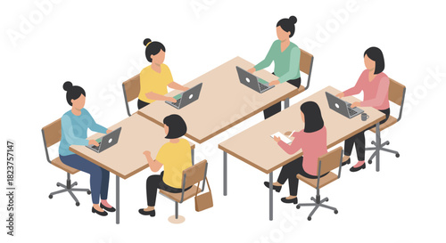 Collaborative team meeting with businesswomen working on laptops in modern office setting