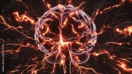The amygdala glowing inside the brain, pulsing with fiery red light during fear response, visualized as shockwaves spreading through neural pathways