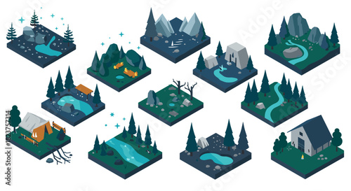 Isometric nature landscapes with forests, rivers, and hiking trails