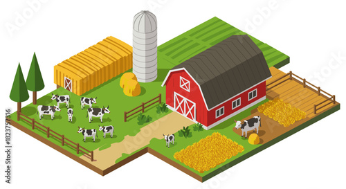Isometric farm scene with barn, cows, and crops in rural landscape