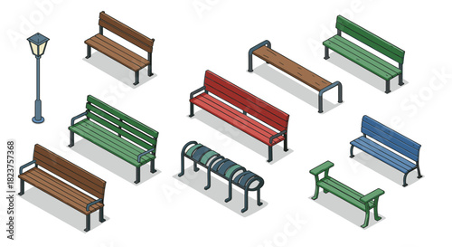 Diverse outdoor benches and lamp post in isometric view for urban design