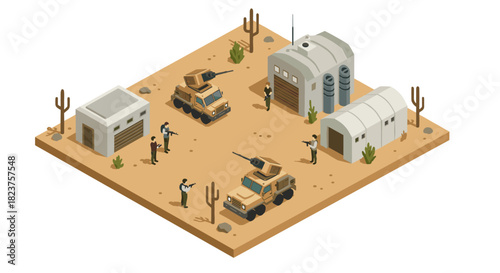 Isometric desert military base with soldiers and armored vehicles