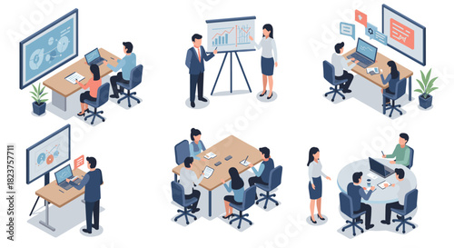 Business team collaboration and presentation in isometric office settings