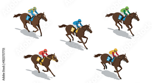 Equestrian racing scene with jockeys on horses in motion