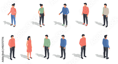 Isometric people in casual outfits: diverse characters and poses on white background