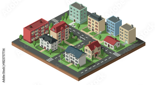 Isometric city block with buildings and streets in 3d urban design