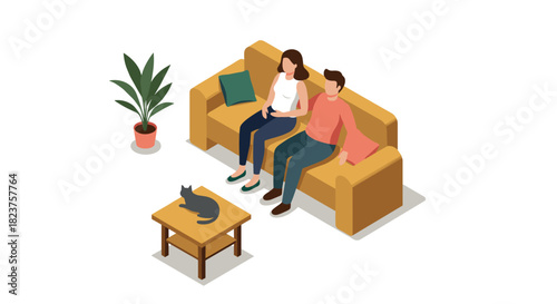 Cozy couple on sofa with cat in living room scene