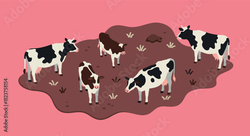 Isometric cows grazing on pastel background