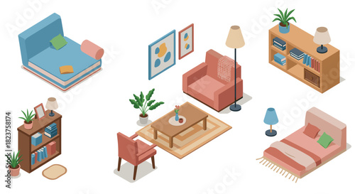 Modern isometric living room and bedroom interiors with furniture and decor elements