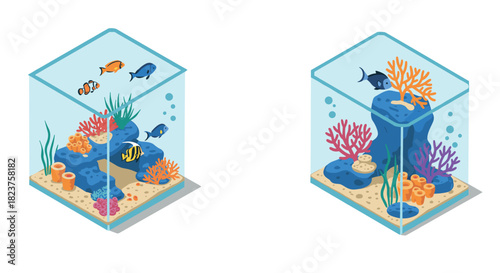 Isometric aquarium with colorful coral and tropical fish