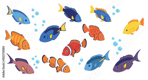 Colorful cartoon fish with bubbles on white background