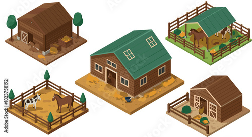 Isometric farm buildings and paddocks with cows and horses illustration