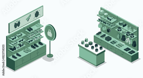 Isometric shopping display with clothing accessories and shoes in green tones