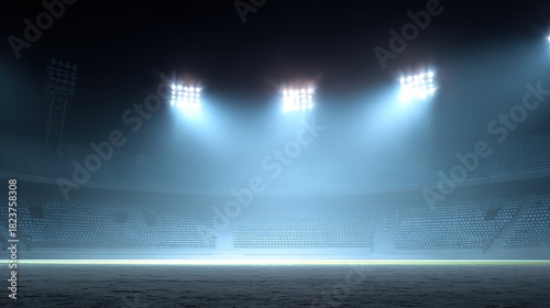 Architectural Wide Angle Night Soccer Stadium Showing Grand Structure and Lighting Effects with Empty Stands