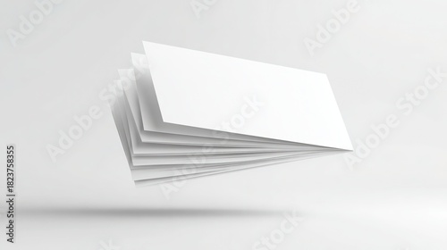 Floating stack of business cards with one offset showing thickness and colored edges on white