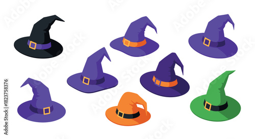 Colorful halloween witch hats collection in isometric style