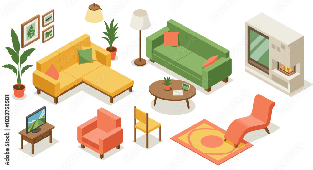 Fototapeta premium Modern isometric living room interior design with cozy furniture and decor elements