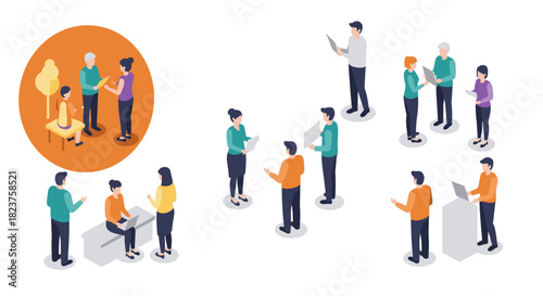 Isometric business meeting and team collaboration in modern office setting