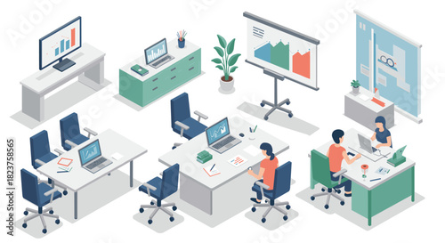 Modern isometric office workspace with computers and meeting