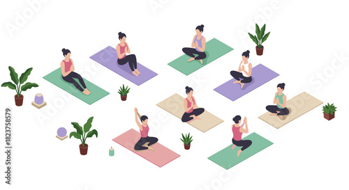 Isometric yoga class scene with diverse poses and plants on colorful mats