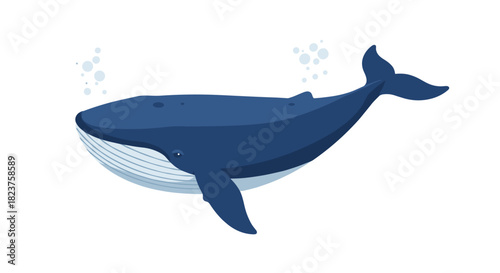 Blue whale in minimalist style with bubbles on white background
