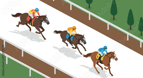 Thrilling horse racing scene in isometric design with jockeys on track