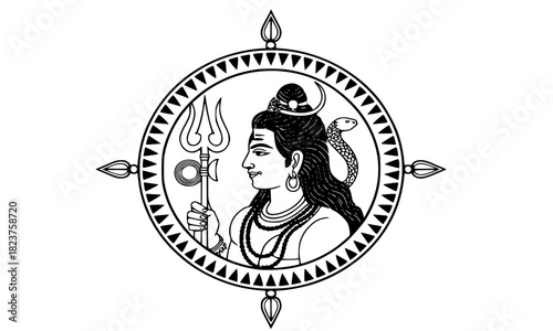 Lord Shiva Chakra Symbol: Ornate Monochrome Hindu God Vector Emblem