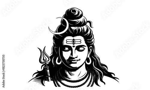 Lord Shiva Portrait: Detailed Monochrome Vector Illustration of Hindu God