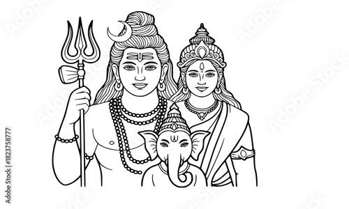 Hindu Deities Line Art: Lord Shiva, Parvati, and Ganesha Family Portrait Vector