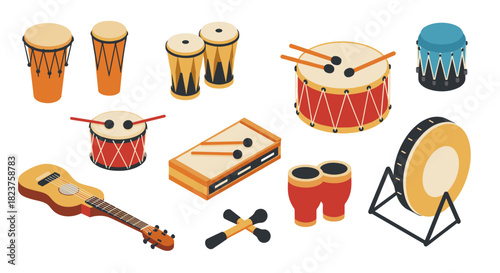 Diverse collection of isometric percussion and string instruments for music enthusiasts