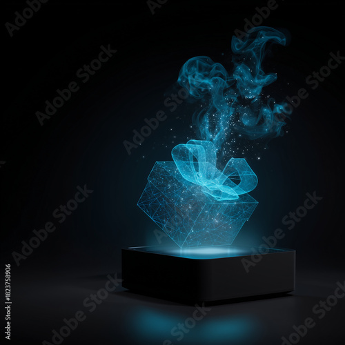 glowing blue halographic gift box