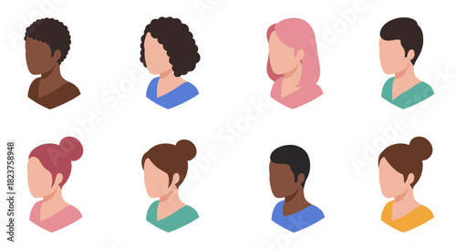 Diverse minimalist avatars set featuring eight unique characters in flat design