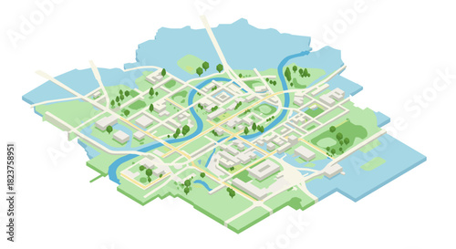 Colorful isometric city map with river and green spaces