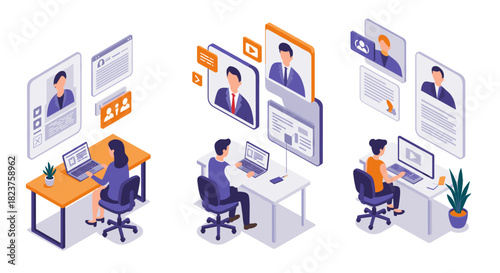 Remote team collaboration in modern workspace with isometric design
