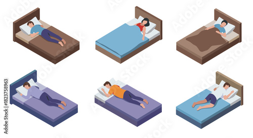 Isometric people sleeping in various positions on beds