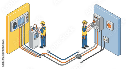 Electrical technicians working on panel installation in isometric design for energy management