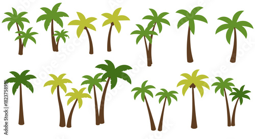 Vibrant palm tree collection displaying various tropical designs in flat style
