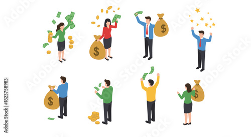 Business people handling money with enthusiasm in isometric style