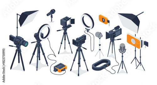 Isometric set of professional video and photography equipment