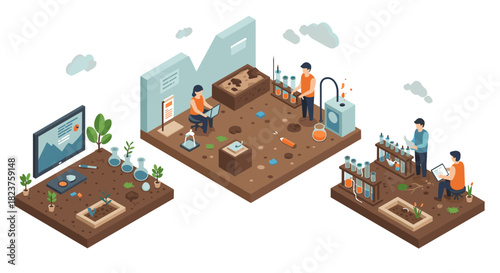 Isometric science laboratory with researchers conducting experiments and analyzing data